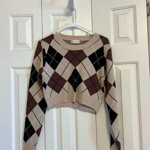 Altar'd State Pink, Brown & Black Argyle Cropped Sweater